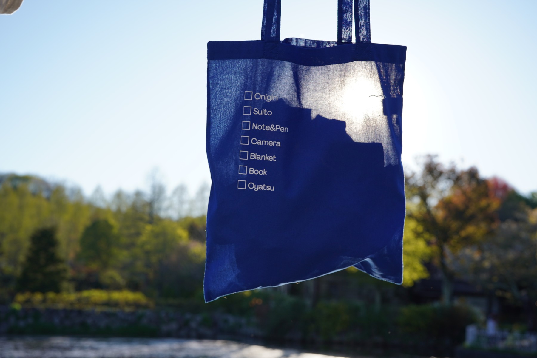 Blue COHAN tote bag photographed beside the lake